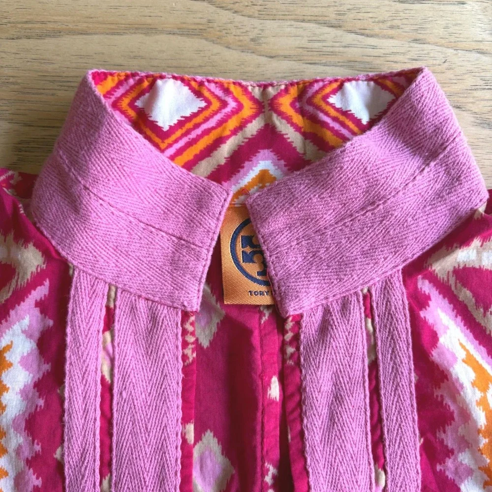 $349‎ TORY BURCH 0/XS Pink Ikat Geometric Cotton Tunic Dress Long Sleeve Resort